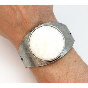 Pewter Faux Mother of Pearl XL Chunky Vintage Cuff Minimalist Bracelet | Bangle
